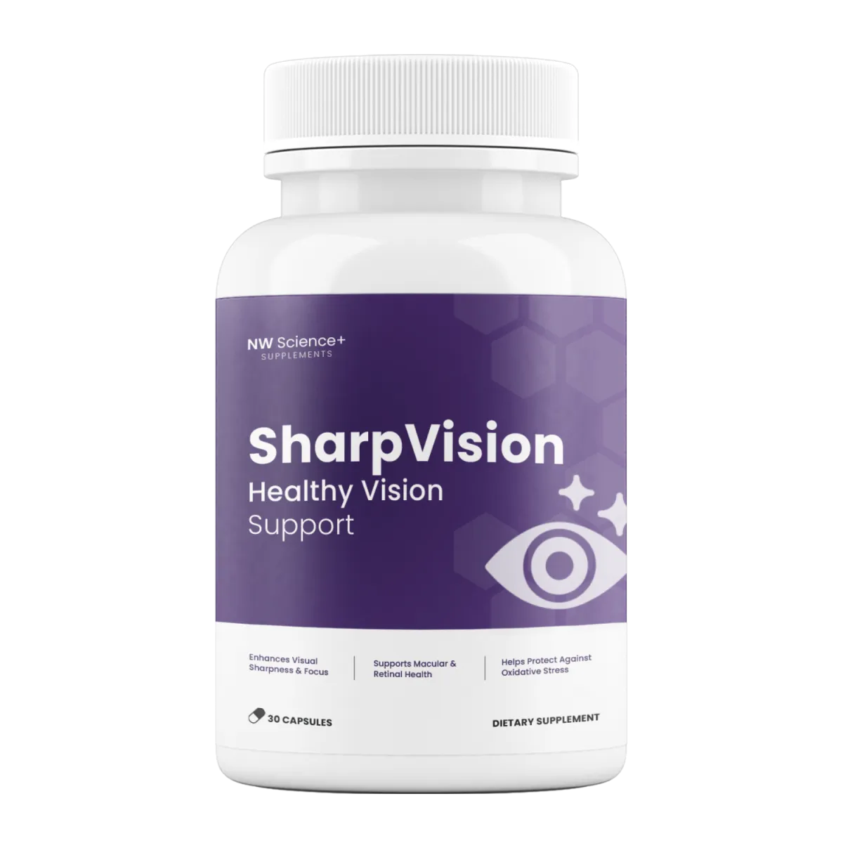 A bottle of SharpVision eye-health capsules